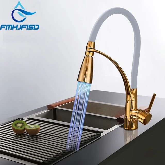 Best Offers Golden Polished 360 Swivel Kitchen Faucets LED Pull Out Sprayer Head Mixer Water Vessel Sink Faucets Cold and Hot Water Taps 