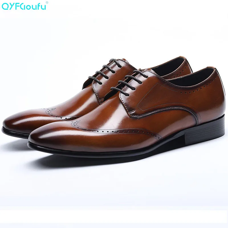 

Genuine Cow Leather Square Toe Men's Brogues Dress Shoes Oxfords Black Wine Red Luxury Designer Lace-up Party Shoe