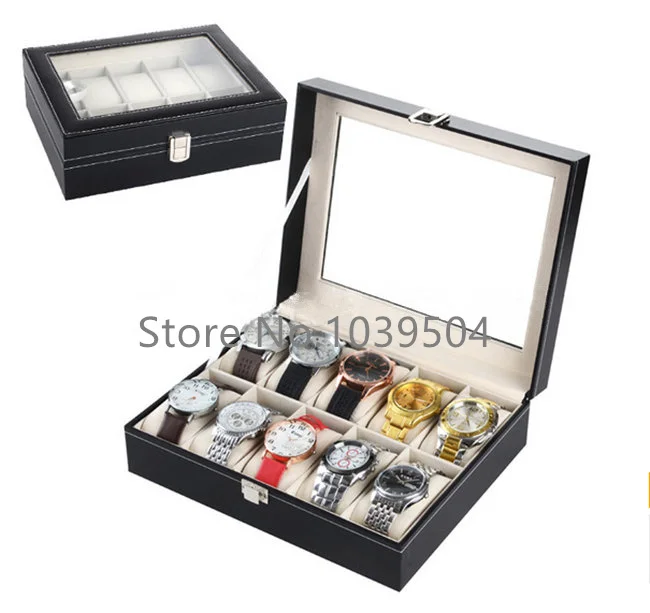 

Free Shipping Standard 10 Slots PU Leather Watch Organizer Black Watches Box Upscale Solid Watch Or Bracelet Case