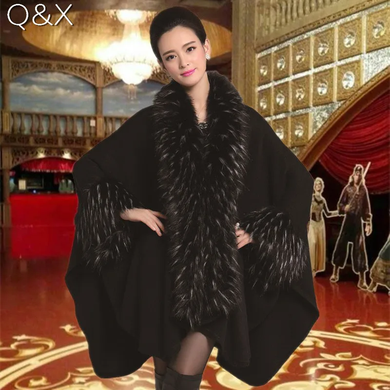 

SC65 2018 High Autumn Winter Women Long Black Cardigan Fake Fox Fur Collar Cashmere Sweaters Shawl Knitted Cardigan Poncho Cape