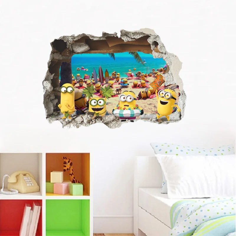 

Cute Minions Anime Movie Wall Stickers For Kids Room Decoration 3d Broken Hole Mural Art Cartoon Pvc Posters Diy Home Decals