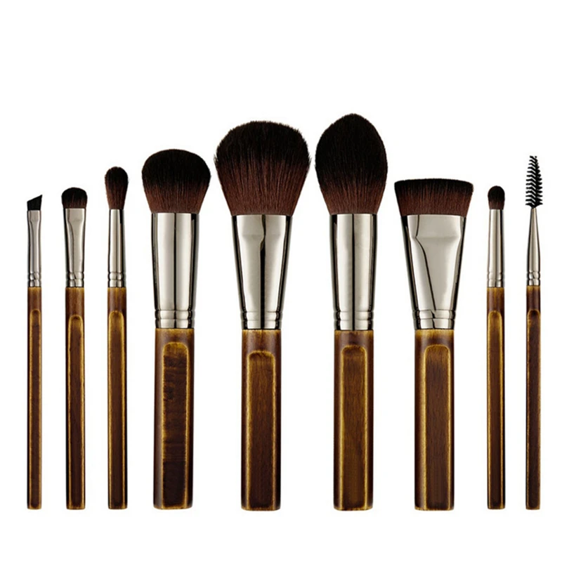 Günstige Luxus Vintage 9Pcs Make up Pinsel Set Natürliche Holz Pulver Erröten Bronzer Mixer Lidschatten Make Up Tool Kit mit Tasche