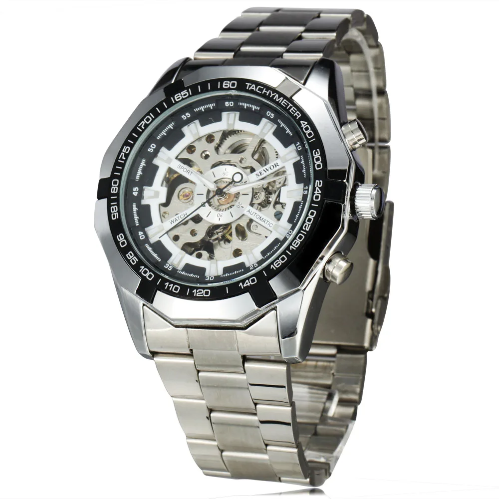 Топ бренд SEWOR мужские спортивные часы с ремешком из нержавеющей стали роскошные часы ТАХИМЕТР Скелет автоматические военные механические часы - Цвет: 833802