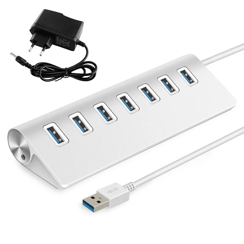 7-port USB 3.0 Hub 60cm Cable Portable Upto 5Gbps Super Speed Silver Anti-slip Chargeable Splitter For Multi USB Devices - Цвет: 7-port With EU