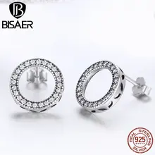 BISAER, модные, 925 пробы, серебряные, прозрачные, CZ, навсегда, круглые серьги-гвоздики, для женщин, модные серьги, ECE417