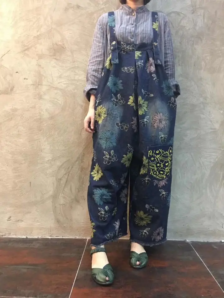 

Girls jumpsuit women retro literary fan print loose casual denim jumpsuit bib pants women 816004