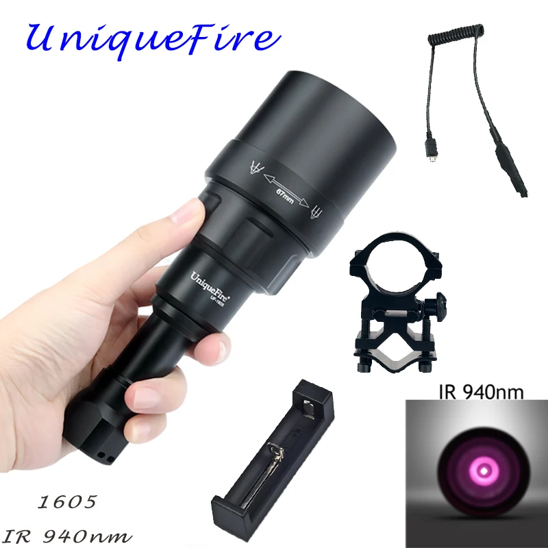 UniqueFire 1605 IR 940NM LED Flashlight 67mm Lens Infrared Light Night Vision Torch 3 Mode Rechargeable KIT SET For Hunting UniqueFire 1605 IR 940NM LED Flashlight 67mm Lens Infrared Light Night Vision Torch 3 Mode Rechargeable KIT SET For Hunting