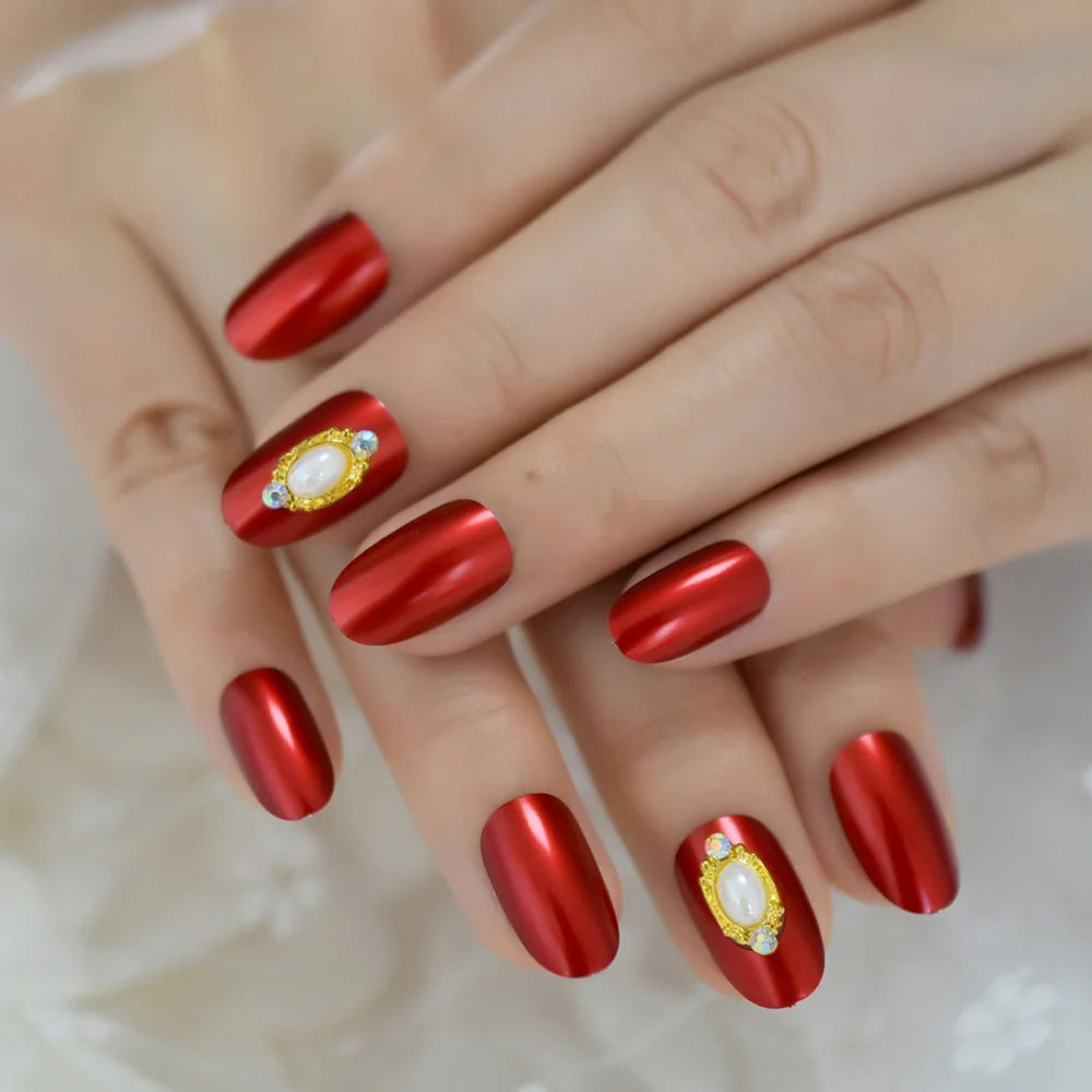 

Bright Red Gorgeous Luxury Nails Elegant Oval Quality Fake Nails Custom 3D Pearl Designed Manicue Tips 24