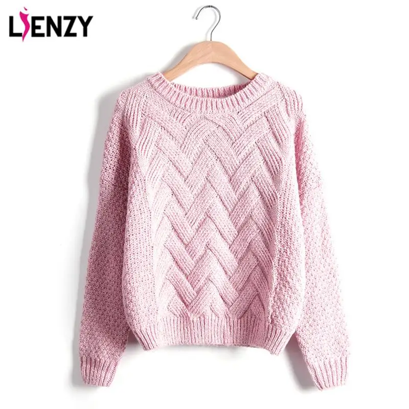 Warm 3D Loose Women Sweater 2016 Spring Pink O Neck Long Sleeve Wave Knit Pullovers Plaid Pull femme Padded Winter Clothing