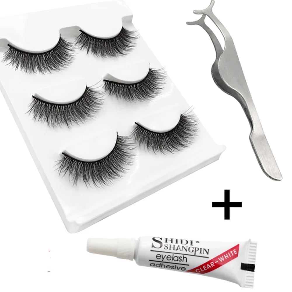 

3 Pairs 3D Soft Mink Hair False Eyelashes With 1pcTweezer and Eyelashes Glue Cross Wispy Lashes Natural Long Mink Eyelash Makeup