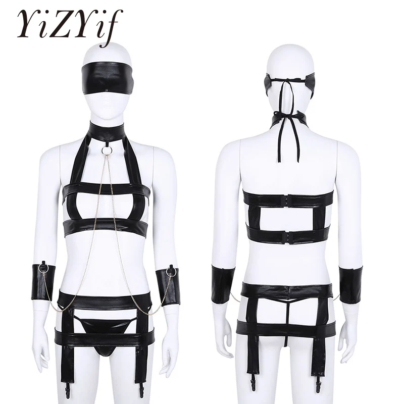 

5Pcs Women Sexy Costume Bodysuit Lingerie Set Faux Leather Bra Tops Garter Belt G-String Briefs Underwear Eye Patch Handcuffs