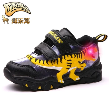 

Dinoskulls Kids Leather LED Shoes Boys Glowing Sneakers Dinosaur Autumn Casual Running Shoes Anti-slip 3T Children's T-rex Shoes