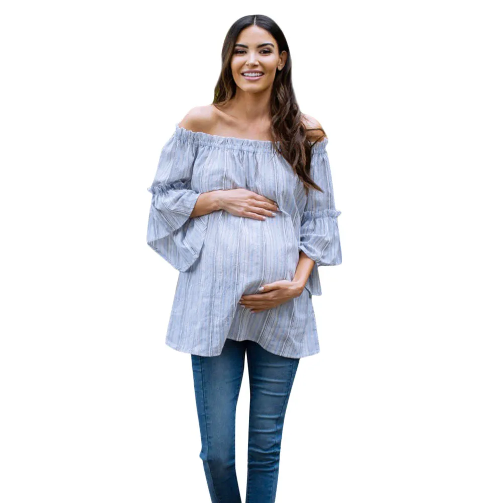 

vetement femme 2019 Women Sleeveless Maternity Shirt Pregnancy clothes Nursing Shirt Maternity Stripe Off-Shoulder Blouse Tops