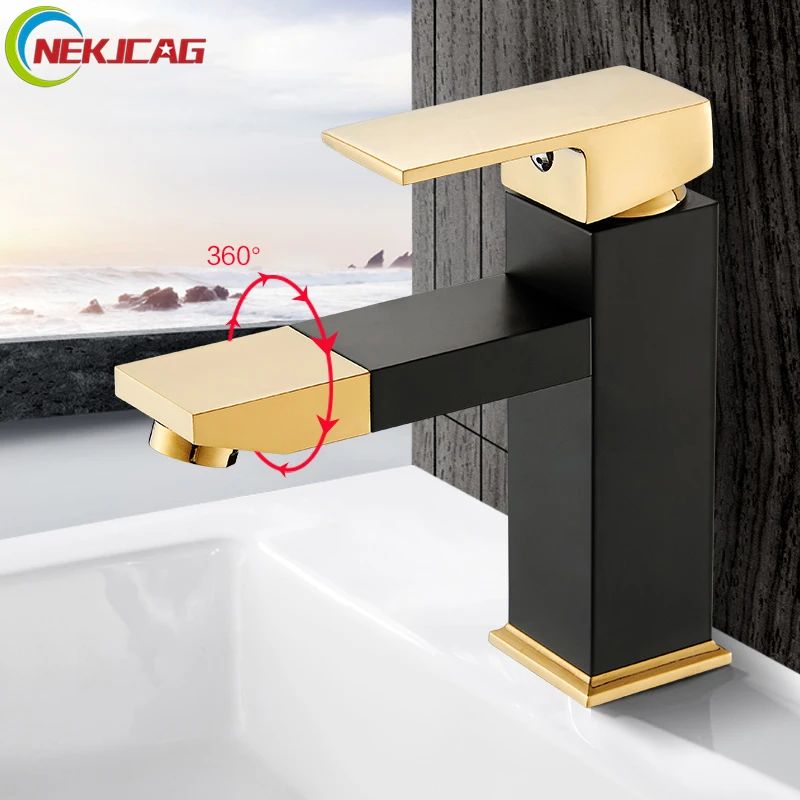 

Black with Golden Faucet 360 Degree Rotation Basin Faucet Single Handle Cold and Hot Water Tap