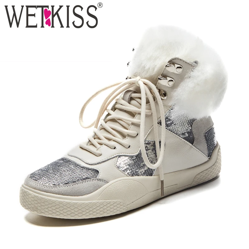 

WETKIS Cow Leather Women Ankle Boots Round Toe Footwear Shearling Female Fur Snow Boots Casual Sneakers Bling Shoes Woman Winter