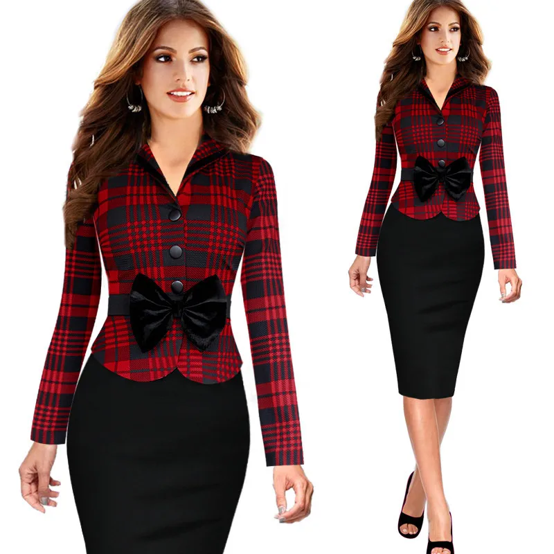 2015 Fall And Winter Womens Lapel Long sleeved Houndstooth Plaid font b Tartan b font Single
