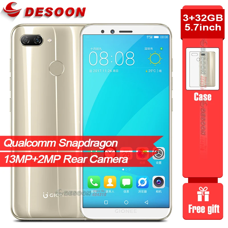 

Gionee F6 Mobile Phone Android 7.1 4G LTE Snapdragon Octa Core 3GB 32GB Global Network 5.7" 2970mAh 18:9 13MP+2MP Smartphone
