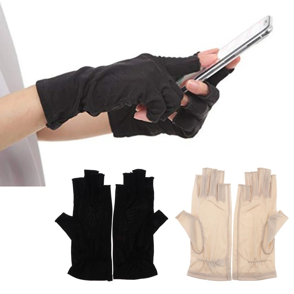 1 Pair Silk Retro Black Beige Womens Stretchy Half Finger Gloves, Soft thin lightweight UV Sun Protect Fingerless Short Gloves