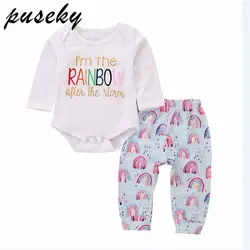 Puseky 2018 младенческой Детская Одежда для новорожденных мальчиков и девочек Письмо печати комбинезон футболка Радуга брюки 2 шт. верхняя