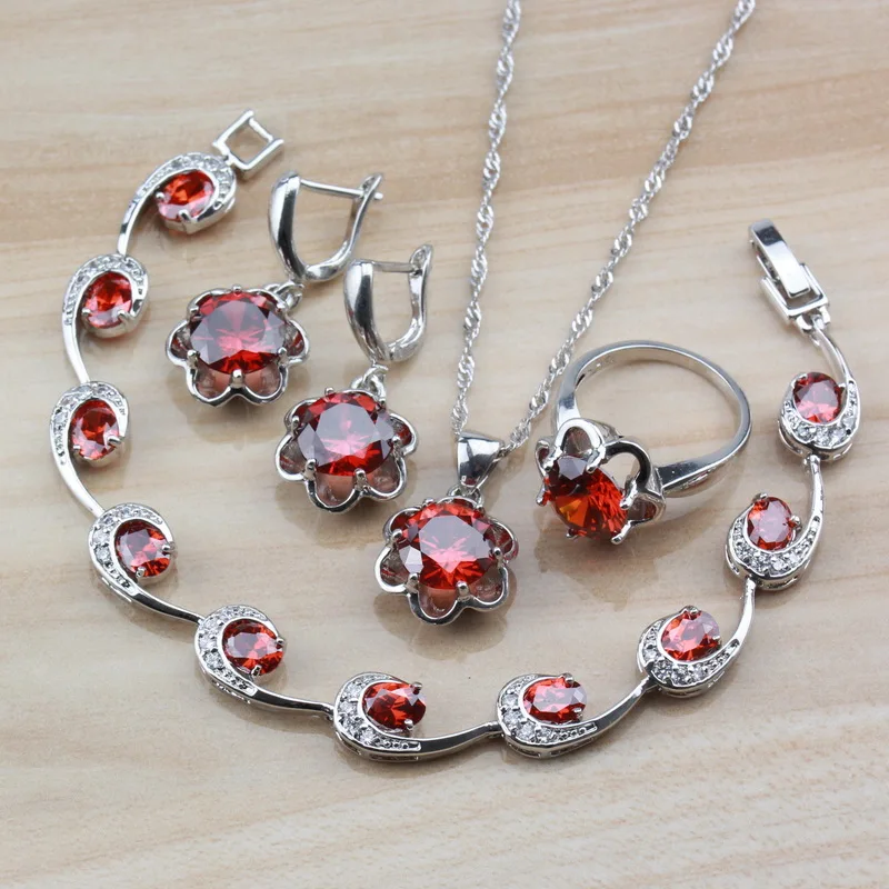 

Affordable Flower Red Garnet 925 Silver Bridal Jewelry Sets For Women Fashion Wedding Costume And Independent Gift Box