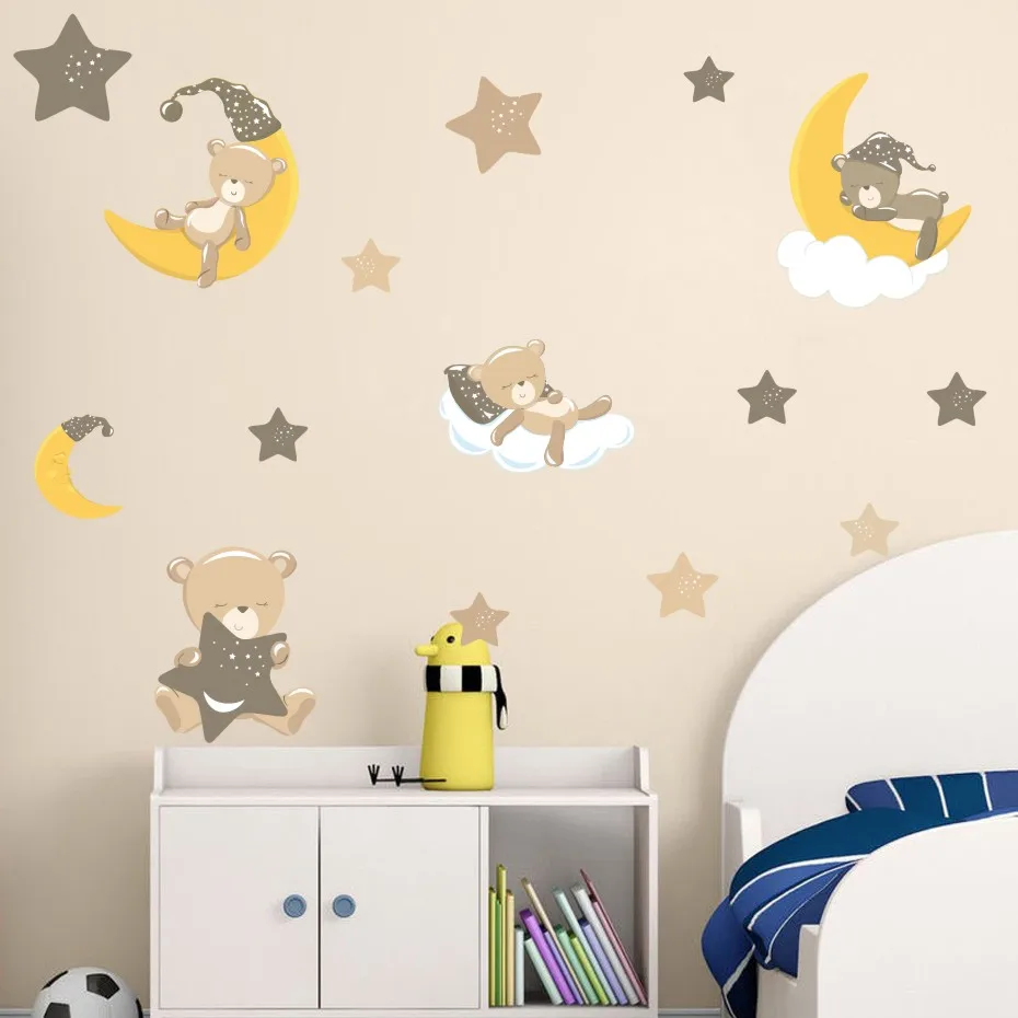 Коричневая виниловая наклейка Teddybears Stars Moons для детской спальни настенные