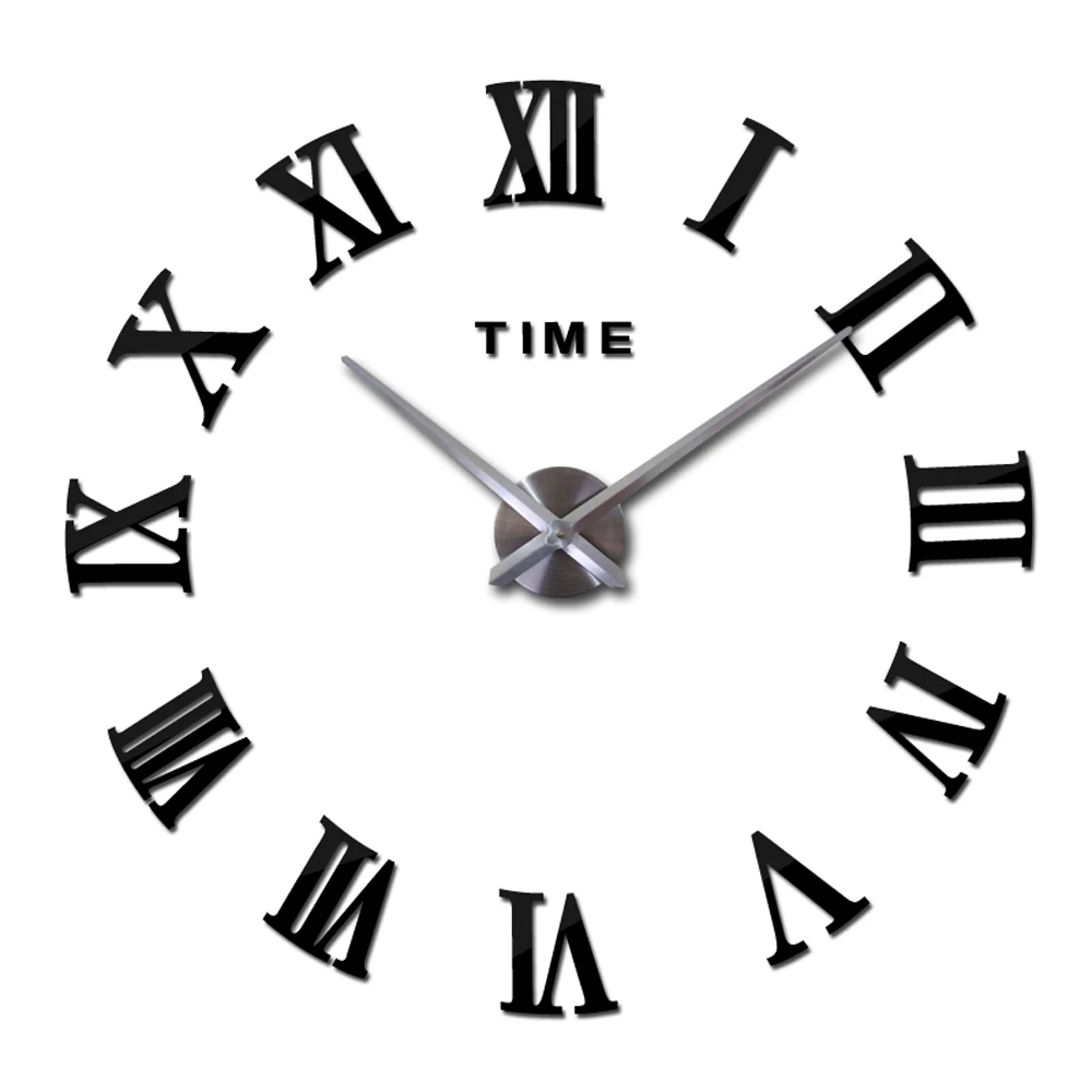 Большие настенные часы современный дизайн 3D DIY большие часы римские цифры акриловые зеркальные наклейки большие настенные часы для гостиной - Цвет: Black