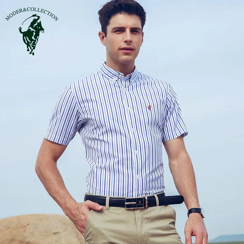 Для мужчин; короткий рукав 100% хлопок платье в полоску рубашка Regular-fit Non-Iron удобные Топ Мужской Бизнес основной дизайн сорочками