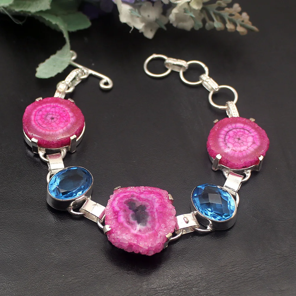 

Unique Natural Solar Quartz London BlueTopaz 925 Sterling Silver Links Chain Bracelet 7.75 Inch TF462