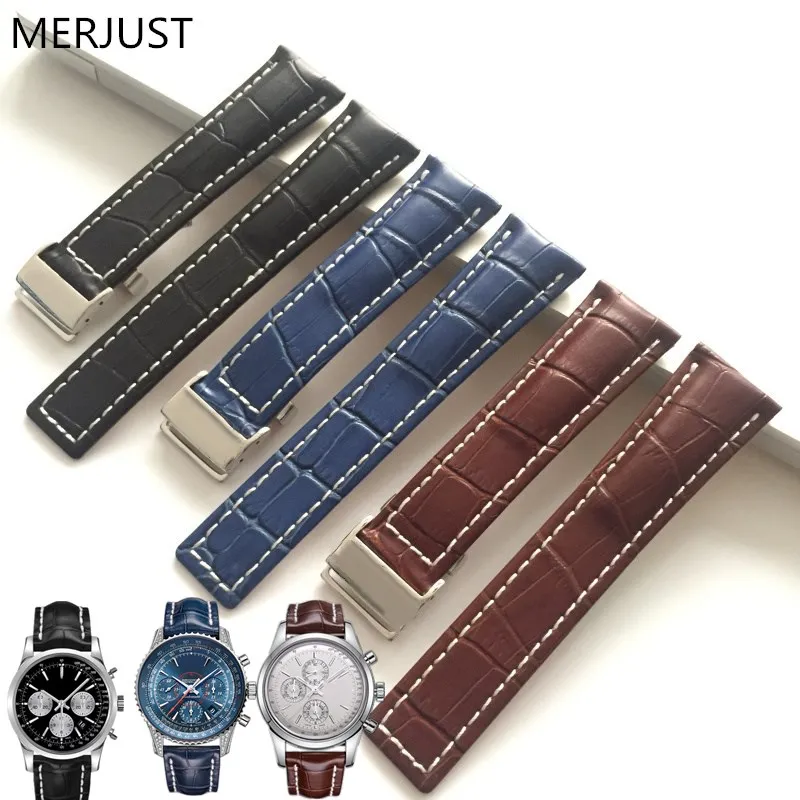 

MERJUST Genuine Leather Watch Band Strap Black Brown Blue Soft Watchbands for Breitling Watch Man Watch 22mm 24mm with Tools