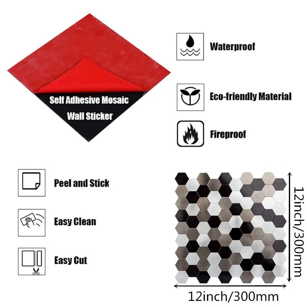 4 Pieces Nordic Hexagon Metal 3M Glue Peel and Stick Wall Tiles Kitchen Decor Fireproof Wall Stickers Home Decor Backsplash 30cm