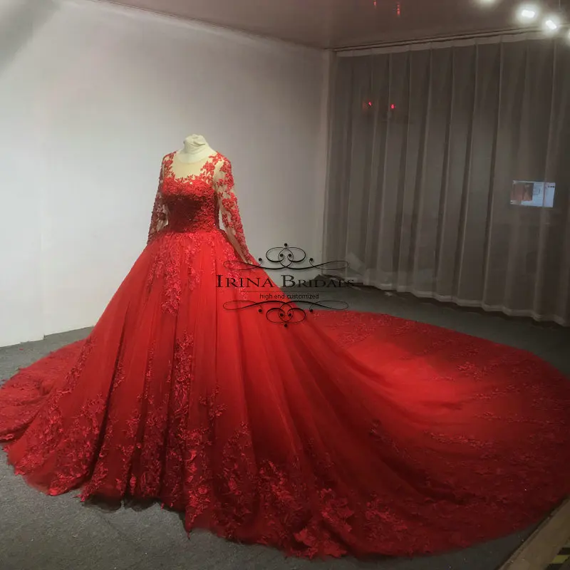 Красное платье с кружевной аппликацией Irina Bridals реальные фотографии 2019|Свадебные