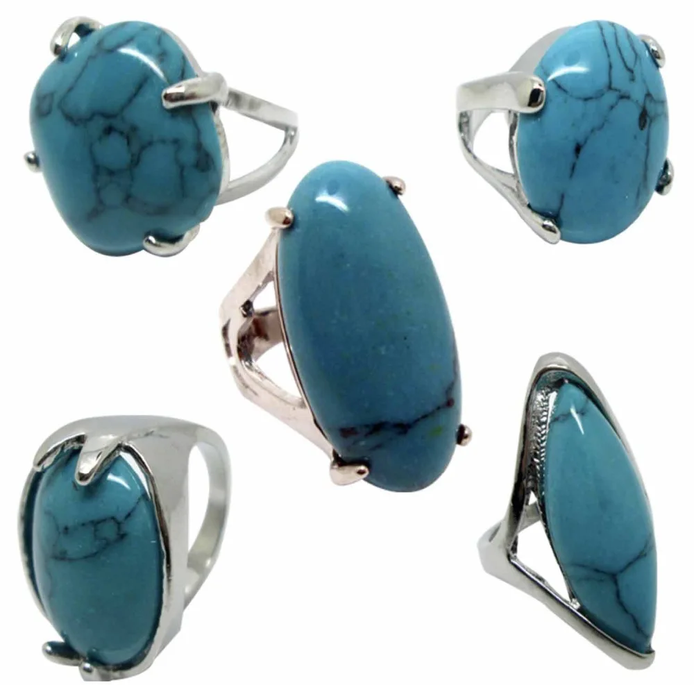 

5pc charming tibet silvers Retro Vintage 925 Silver blue Chalcedony TURQUOISEs Rings Finger Female Fashion Jewelry shipping free