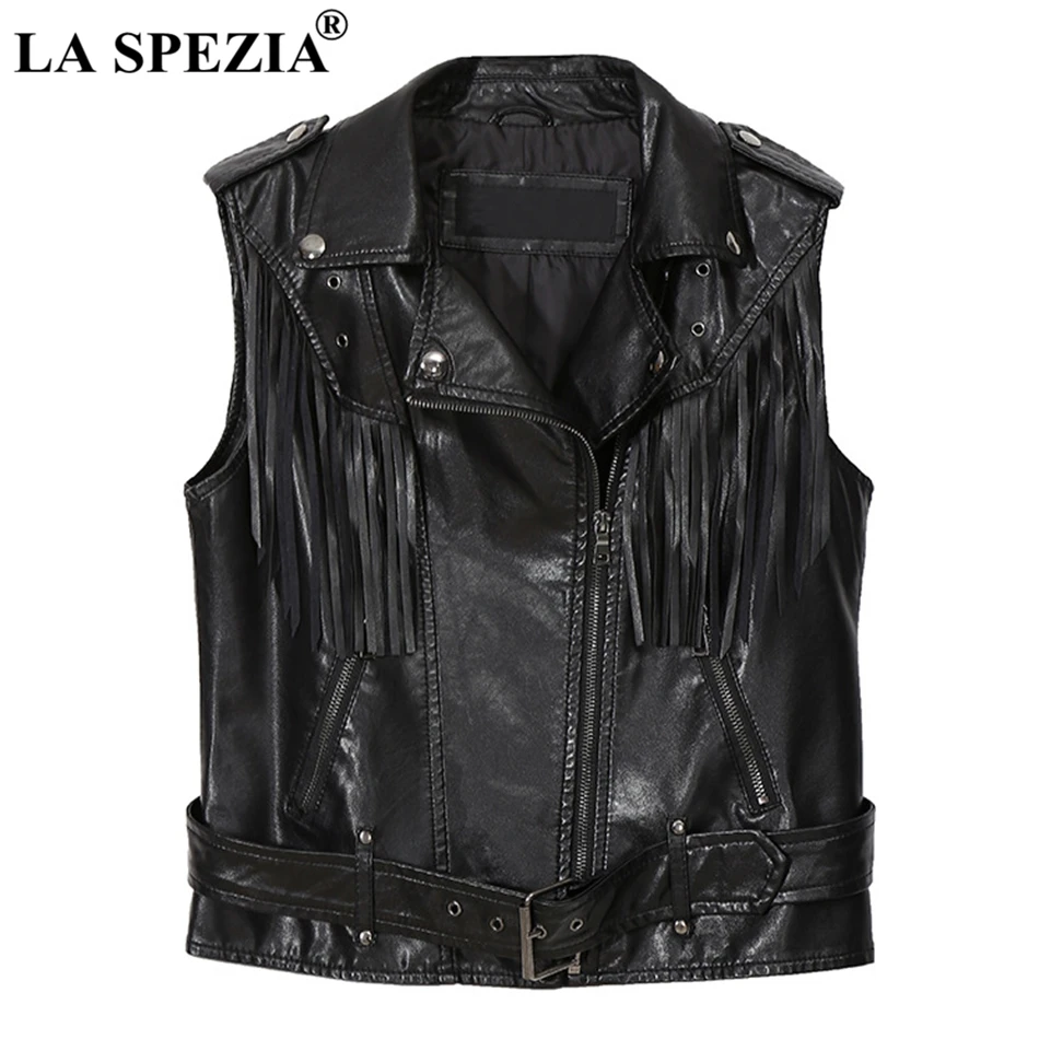 LA SPEZIA Womens Fringe Vest Black Faux Leather Waistcoat Ladies Belt Street Motorcycle Female Autumn Slim Sleeveless Jackets