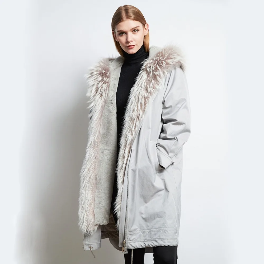 

Real fur coat women high quality fur parka thick warm rabbit fur lined natural raccoon fur trim hood fashion design NPI 81207B