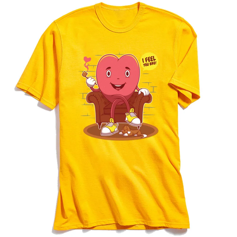 

Old School T-shirt Man Cartoon T Shirt Yellow Men Tshirts I feel you Bro! Cute Design Tops Cotton Fabric Short Sleeve Tees Heart