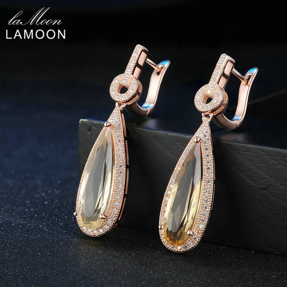 Lamoon Luxury Gemstone Natural Citrine 925 Sterling Silver Drop Earrings S925 Fine Jewelry Rose Gold Plated For Women LMEI024