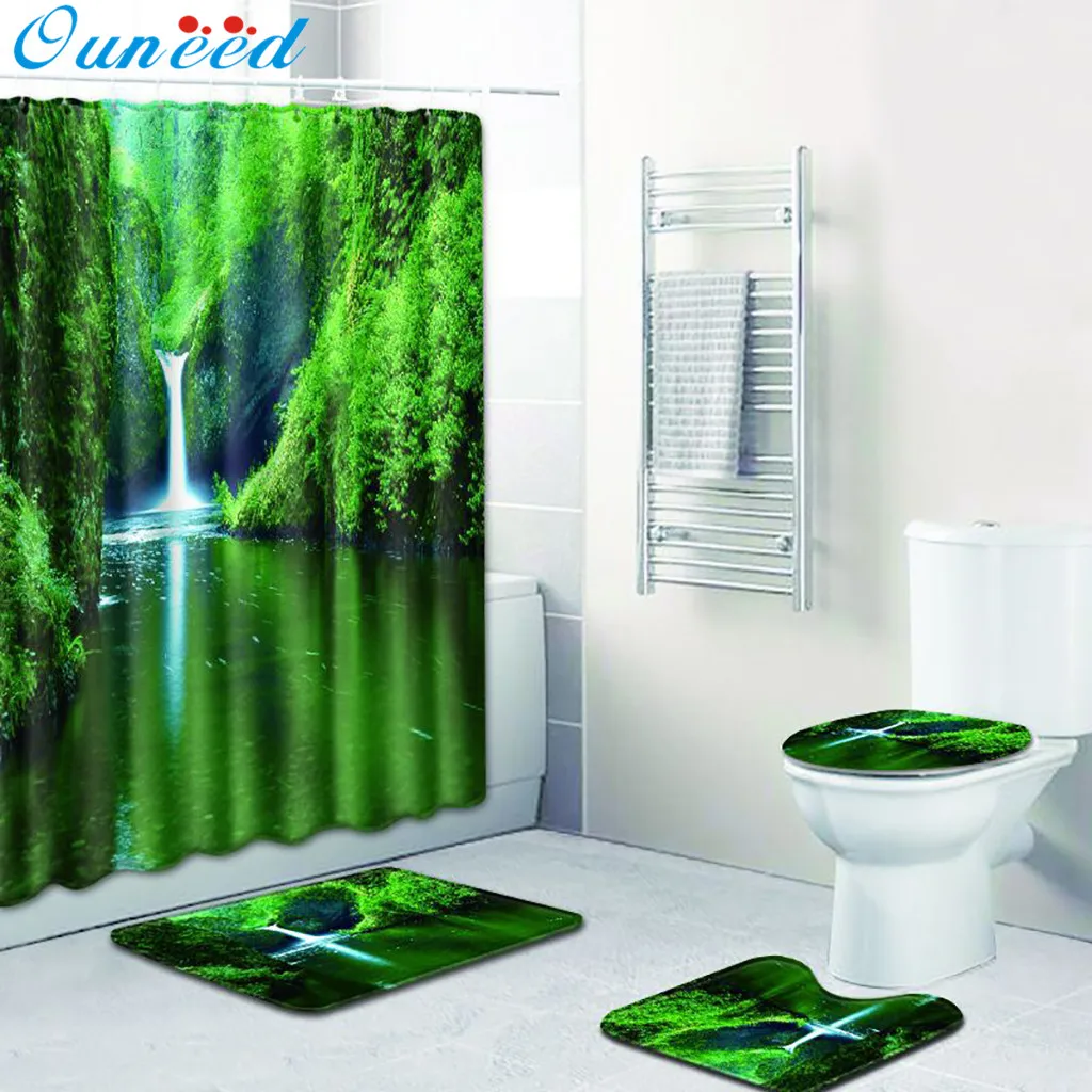 

Ouneed 4PCS Landscape scenery Bathroom Shower Curtain set Non Slip pattern Toilet Shower curtain Cover Mat set dropshipping 2019