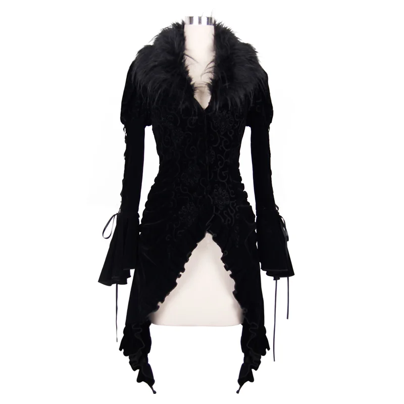 Weibliche Mit Mantel Abnehmbaren Steampunk Langen Schwarz Velveten Halsketten Print Punk Pattern Jacke Jacken Retro Winter Kunstwolle R3AL45j