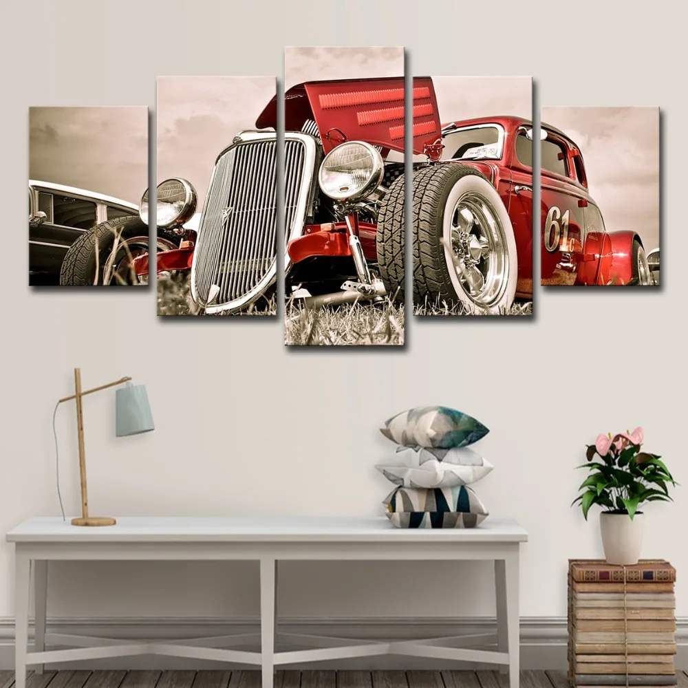 5P0005 Canvas Wall Art Pictures Home Decor 5 Pieces Hot Rod Red Front View Wheels Paintings Living Room HD Prints Car Poster Framework  (13)