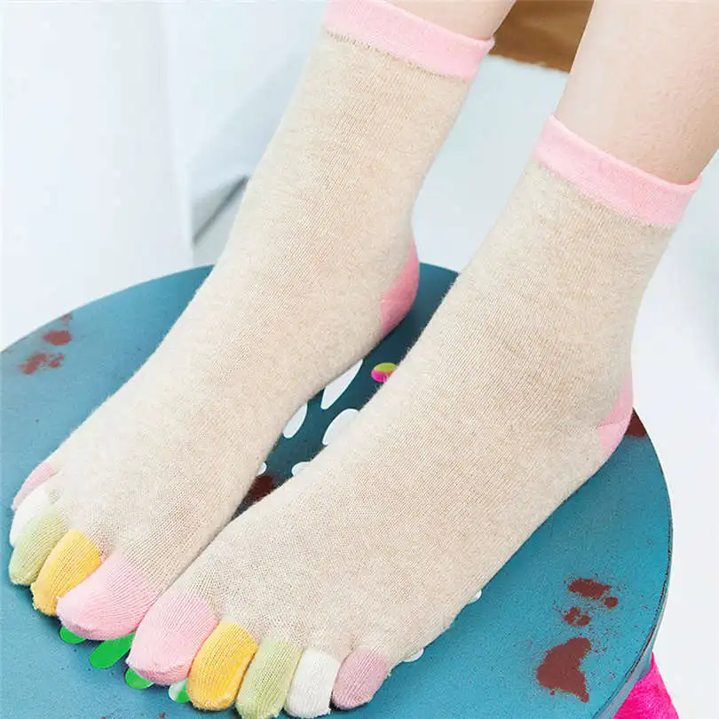 New Fashion Winter Women Girls Casual Daily Print Multicolor Mid Tube Toe Socks Five Finger Sock Cotton  Socks #4F03 (7)