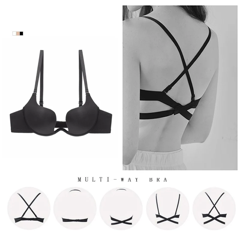 

New Sexy Deep U Low Bra Push Up Women Lingerie Seamless Half Cup Bra AndUnderwear Halter Lingerie 3/4 Cup Bralette Solid Black