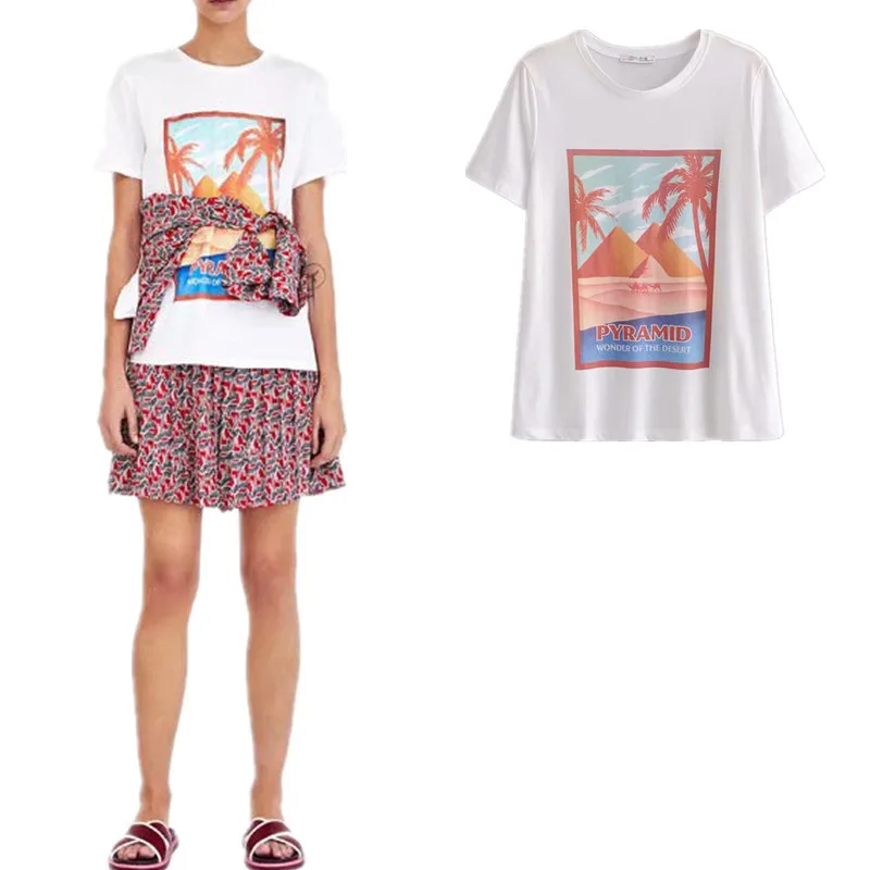 

2019 summer new tropical style printed ins super hot beach T-shirt student loose 100 lap collar short sleeves