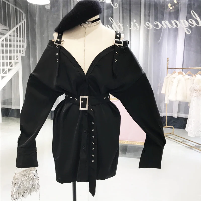 

2018 Spring Summer Long Style Black Loose Thin Strap Women's Shirt Female Long-sleeved Sexy V-neck Fashion Blouse Casual Tops