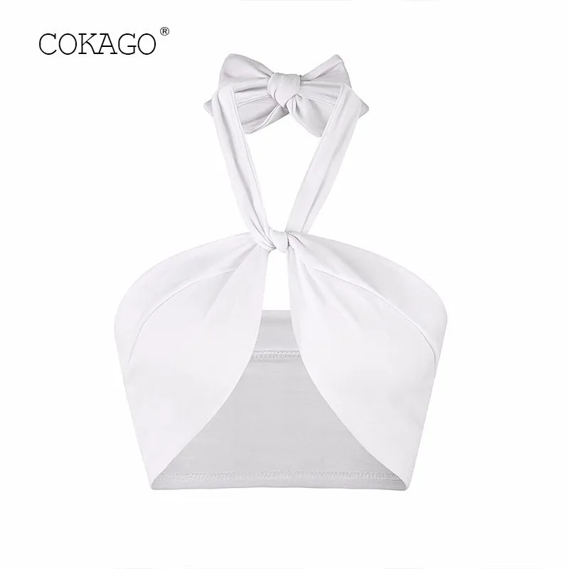 COKAGO, белый укороченный Топ для женщин, Холтер, открытая спина, с рюшами, топы на бретелях размера плюс, бандаж, летний топ на бретельках, укороченный топ, жилет, женская одежда - Цвет: Белый