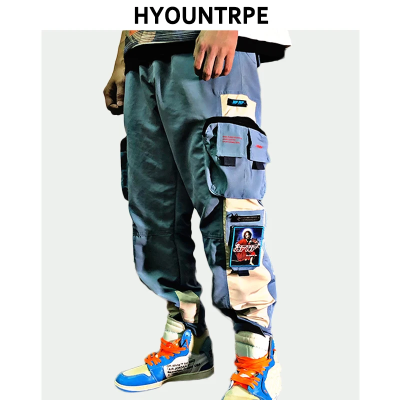 

2019 New Patchwork Side Pocket Cargo Harem Pants Mens Casual Elastic Waist Joggers Streetwear Hip Hop Ankle Drawstring Trousers