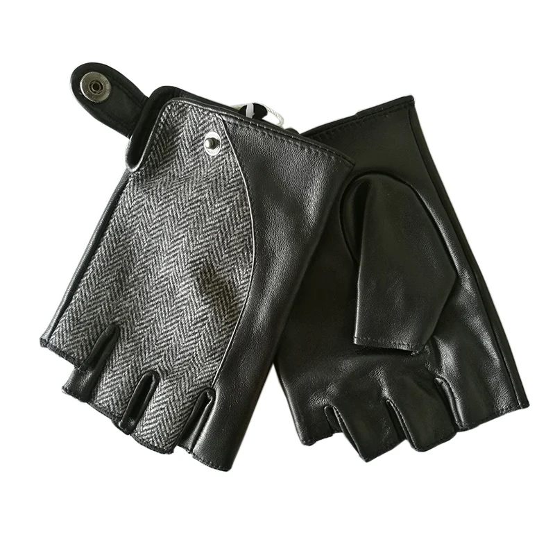 

Fashion Semi-Finger Men Gloves Sheepskin Patchwork Driving Half Finger Male Glove 2020 New Men's Mittens M053NN