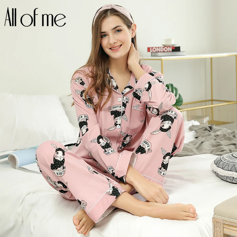 

Cartoon Rabbit Print Pajama Set Pink long Sleeve Tops And Pants Women Pajama Sets For Women Spring Casual Sleepwear Set