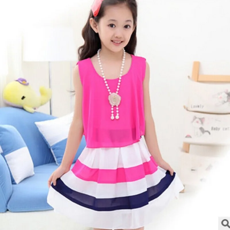 

New 2018 Children's Dress Spring and Summer Girls Striped Necklace Chiffon Lolita Style Dress 2 Colors Size6-16 Dress ly115