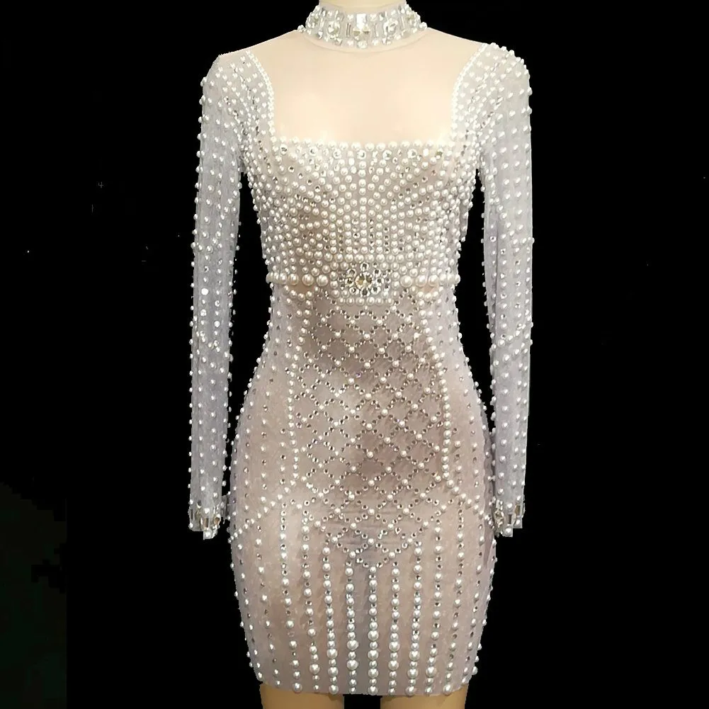 Sparkly Glass Rhinestones White Pearl Sexy Dress Female Costume Bar ...