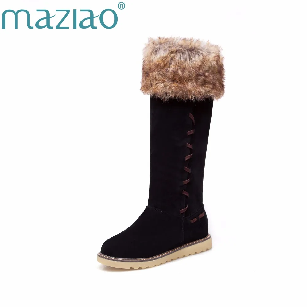 

MAZIAO Knee-High Boots Plus Size 34-43 Snow Boots Winter Warm Boots Women Hight Increasing Faux Suede Black Women's Shoes